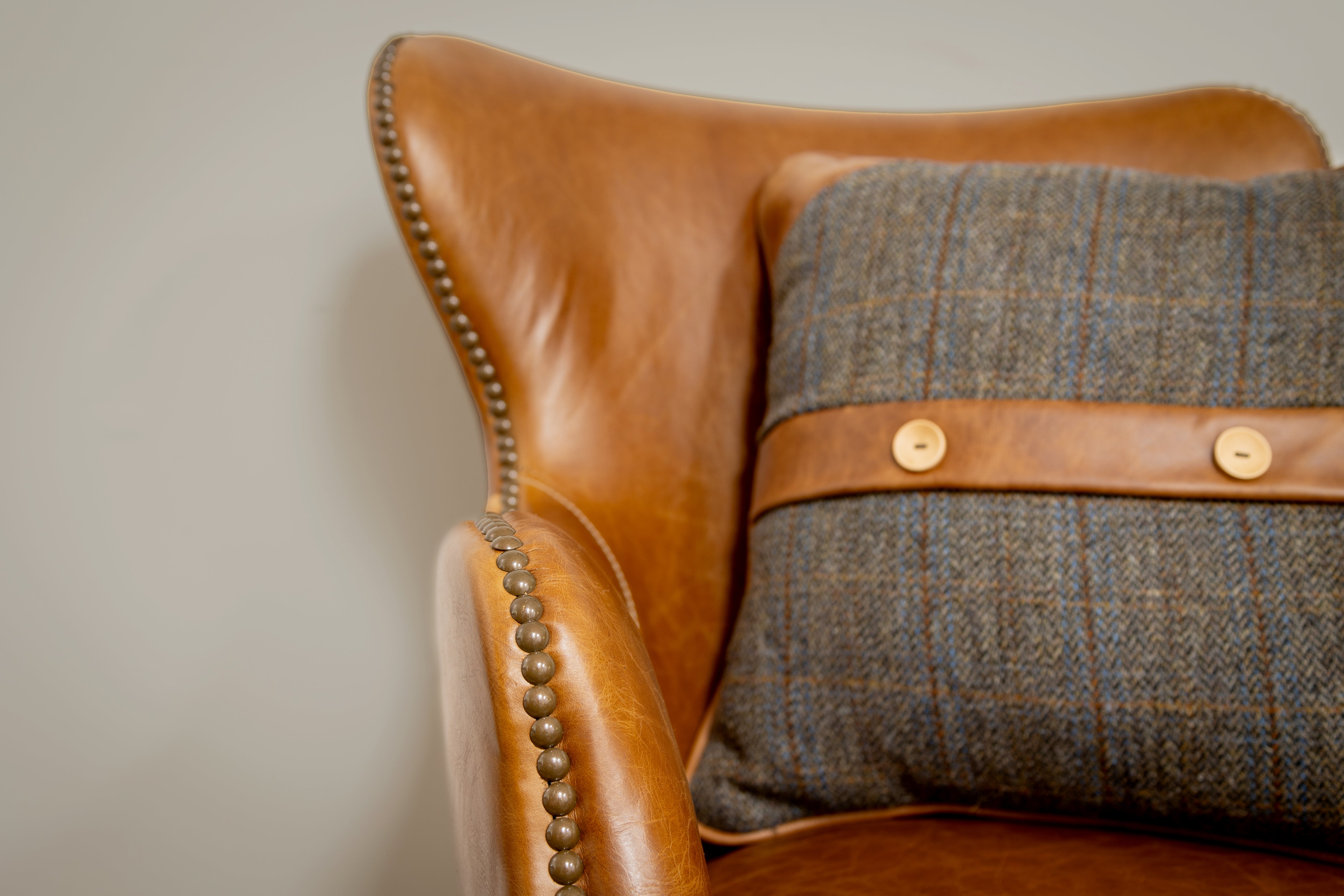 Uist Night Harris Tweed and Brown Cerato Leather Belt and Button Cushion